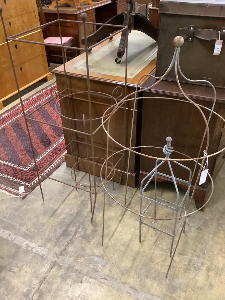 Four wrought iron growing frames, largest width 42cm, depth 42cm, height 122cm